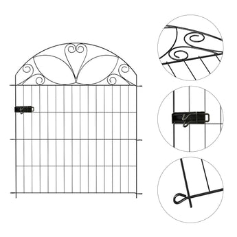 Black metal garden fence gate with arched scroll top; latch and hinge details