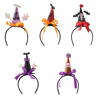 Five Halloween character headbands in purple, orange, and red with bow ties