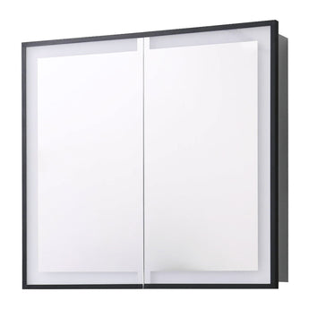 Wall-mounted LED mirror cabinet with black frame and two mirrored glass doors