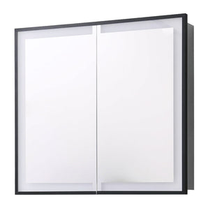Wall-mounted LED mirror cabinet with black frame and two mirrored glass doors