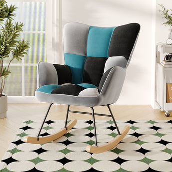 Upholstered rocking lounge chair, gray high back with teal, black, and white patchwork