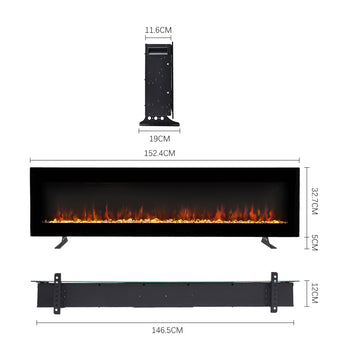 Electric fireplace dimension diagram, 146.5CM wide with support legs