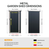 Metal garden shed dimensions diagram with labeled measurements and openings