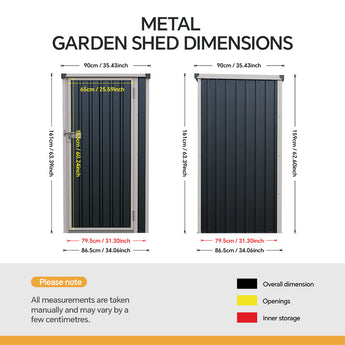 Metal garden shed dimensions diagram with labeled measurements and openings