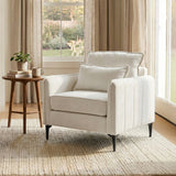 Linen sofa armchair with off-white cushions, two pillows, and tapered black legs