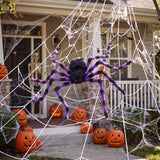 Purple and black Halloween spider decoration with striped legs and white web