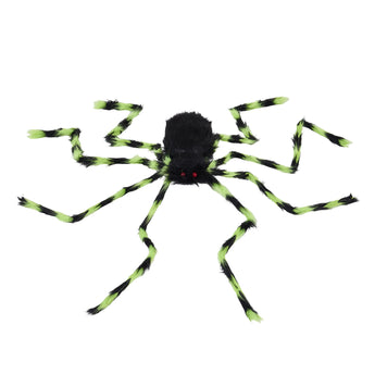 Giant Halloween spider decoration with black body and green-striped legs, isolated on white