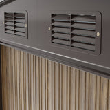 Metal shed side panel with large service window and visible interior shelving
