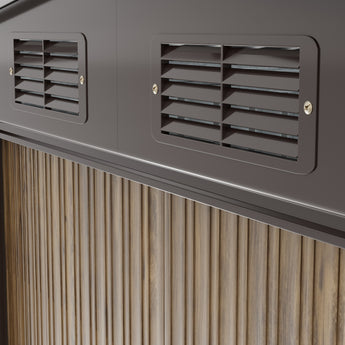 Metal shed side panel with large service window and visible interior shelving