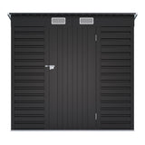 Black galvanized steel storage shed front view with vent grilles and double doors