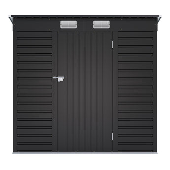 Black galvanized steel storage shed front view with vent grilles and double doors