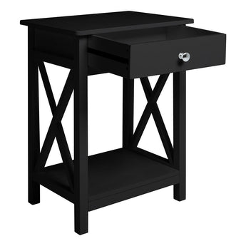 Black wooden bedside table nightstand with open shelf, drawer, and X-style legs.