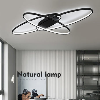 Black LED ceiling light with interlocking ring frame, flat ceiling mount
