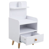 White wooden bedside table with 1 drawer, front open shelves and side paneling