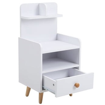 White wooden bedside table with 1 drawer, front open shelves and side paneling