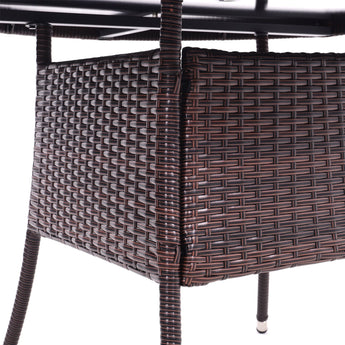 Brown woven outdoor table corner post detail with center parasol hole