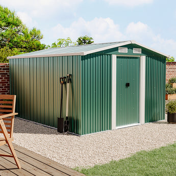 Dark green metal garden storage shed with apex roof and side door opening