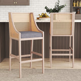 Light wood bar stools with woven backrest and grey seat cushion, set of 2