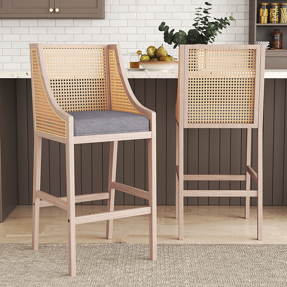 Set 2 Faux Cashmere Bar Stools Rattan Backrest Footrest