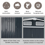 Anthracite metal shed wall panel with vents and protective coating callouts