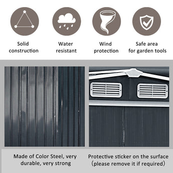 Anthracite metal shed wall panel with vents and protective coating callouts