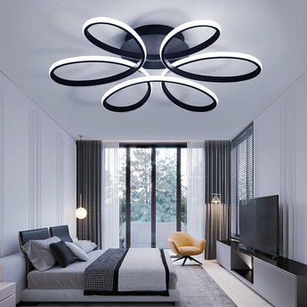 Light-adjustable LED semi-flush mount ceiling light, five acrylic rings with bright white glow