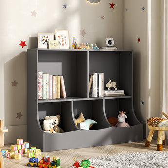 Grey open toy and book storage cabinet with curved compartments and open shelves