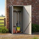 Anthracite metal garden storage shed with front doors open and tool storage inside