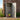 Anthracite metal garden storage shed with front doors open and tool storage inside