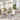 Set of white upholstered bar stools around a dining table with black tripod legs