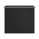 Anthracite metal garden shed wall with ribbed panels and flat roof underside
