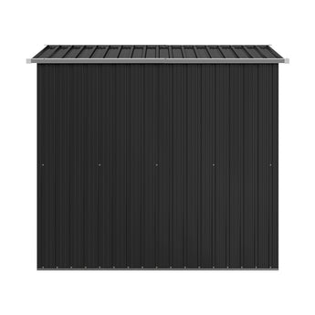 Anthracite metal garden shed wall with ribbed panels and flat roof underside