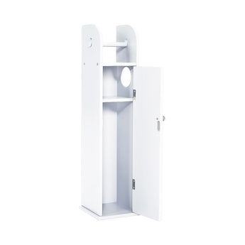 White vertical toilet roll storage cabinet with door open and interior shelves
