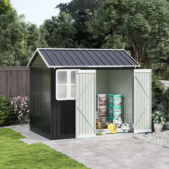 Outdoor garden tool shed with double doors, black roof, and white window panels