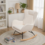 Cream rocking chair with tall backrest and padded seat on curved wood runners.