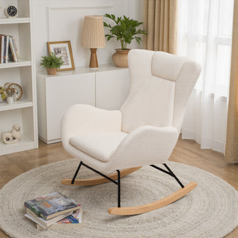 Cream rocking chair with tall backrest and padded seat on curved wood runners.