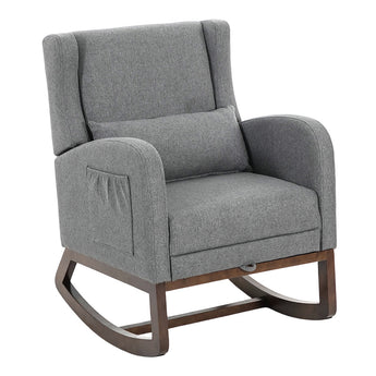 Grey upholstered rocking chair with cushioned armrest and front storage pocket