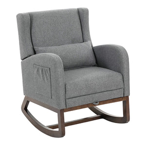 Grey upholstered rocking chair with cushioned armrest and front storage pocket