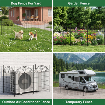 Black decorative garden fence panels with gate, arched scrollwork fence layout