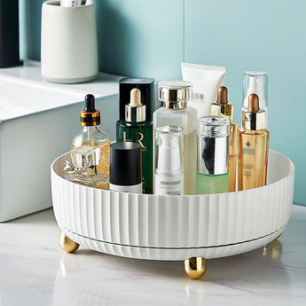 Rotating round spice rack tray turntable with ribbed white base and gold feet