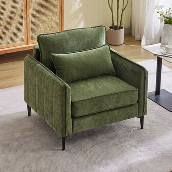 Green chenille accent chair with back and armrests, featuring a lumbar cushion