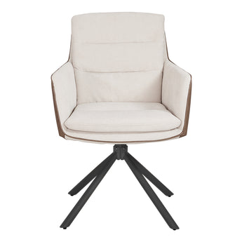 Adjustable accent chair with beige linen upholstery and black tripod legs