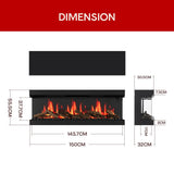 Black electric fireplace front flame window with alternative size measurement layout