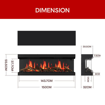 Black electric fireplace front flame window with alternative size measurement layout