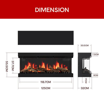 Black electric fireplace front flame window with size measurement layout