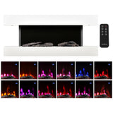 White wall-mounted electric fireplace with flame window and black remote control