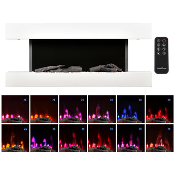 White wall-mounted electric fireplace with flame window and black remote control