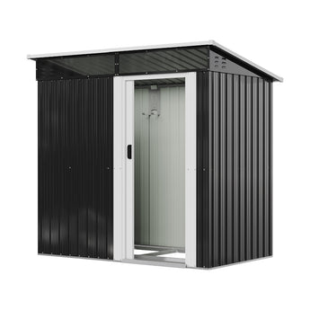 Anthracite metal garden shed with sliding door open, white door frame and side panel