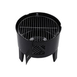 Top cooking grate and lower firebox on 3-tier charcoal grill smoker, black