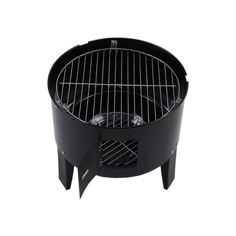 Top cooking grate and lower firebox on 3-tier charcoal grill smoker, black